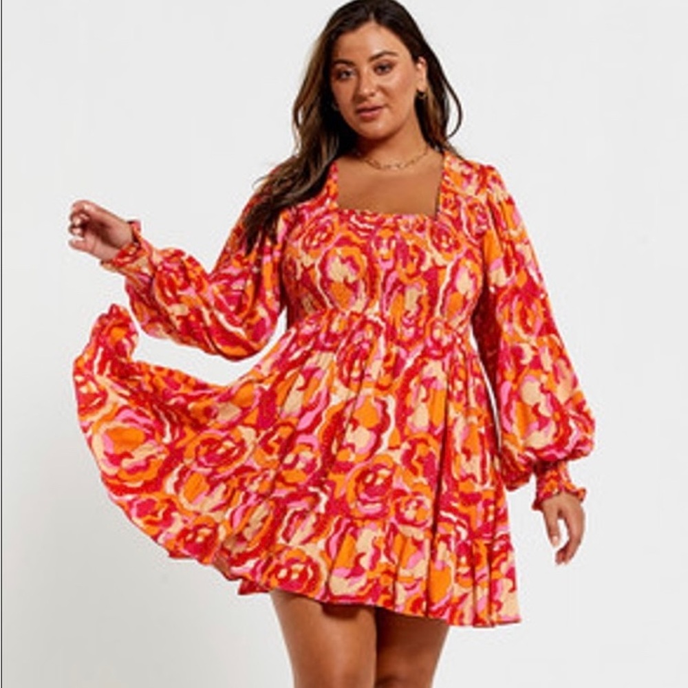 Smocked 60s 70s Groovy Pink Red Orange Floral Print Mini Dress